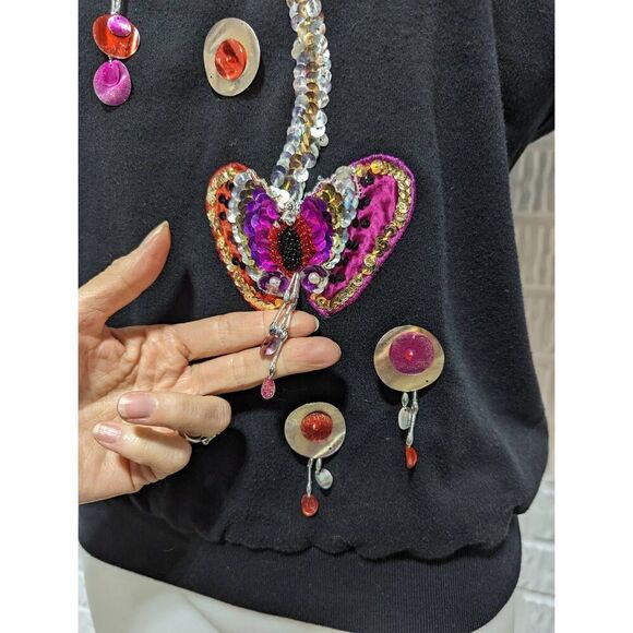 Victoria Harbor Women's Black Sequin Butterfly Pullover Crew Neck Shirt Small - Picture 3 of 7